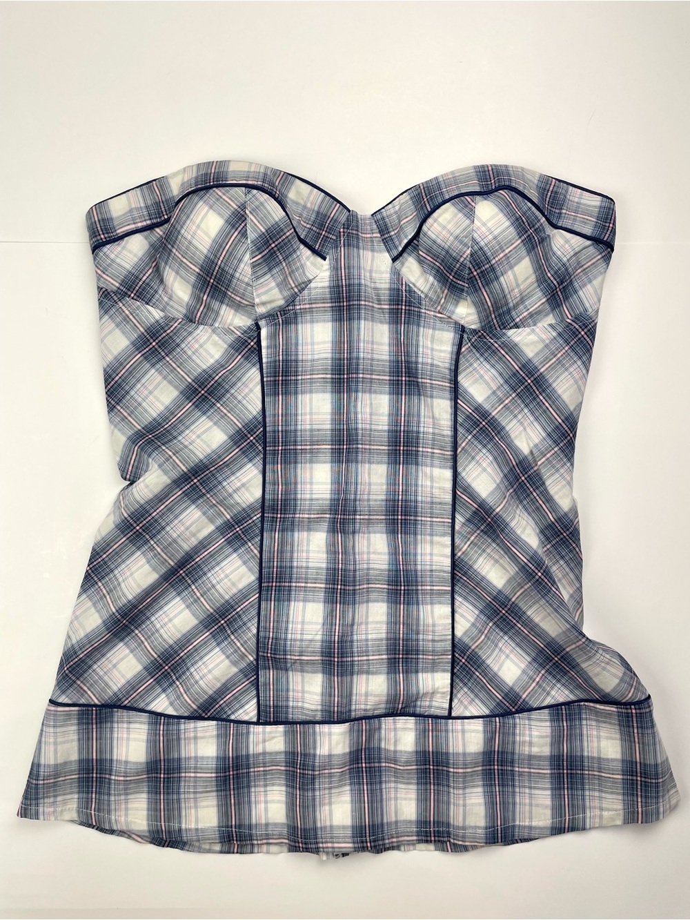 Cotton Express Plaid Corset Top — Strapless Sweetheart, Navy/Pink/White